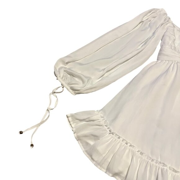 Saints + Secrets White Mini Dress Long Sleeve Back Tie Flowy Ruffle Size Small - Picture 3 of 11